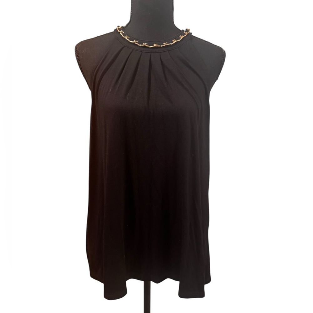 Womens Cable & Gauge black pleated front tank top with gold metal neck size L